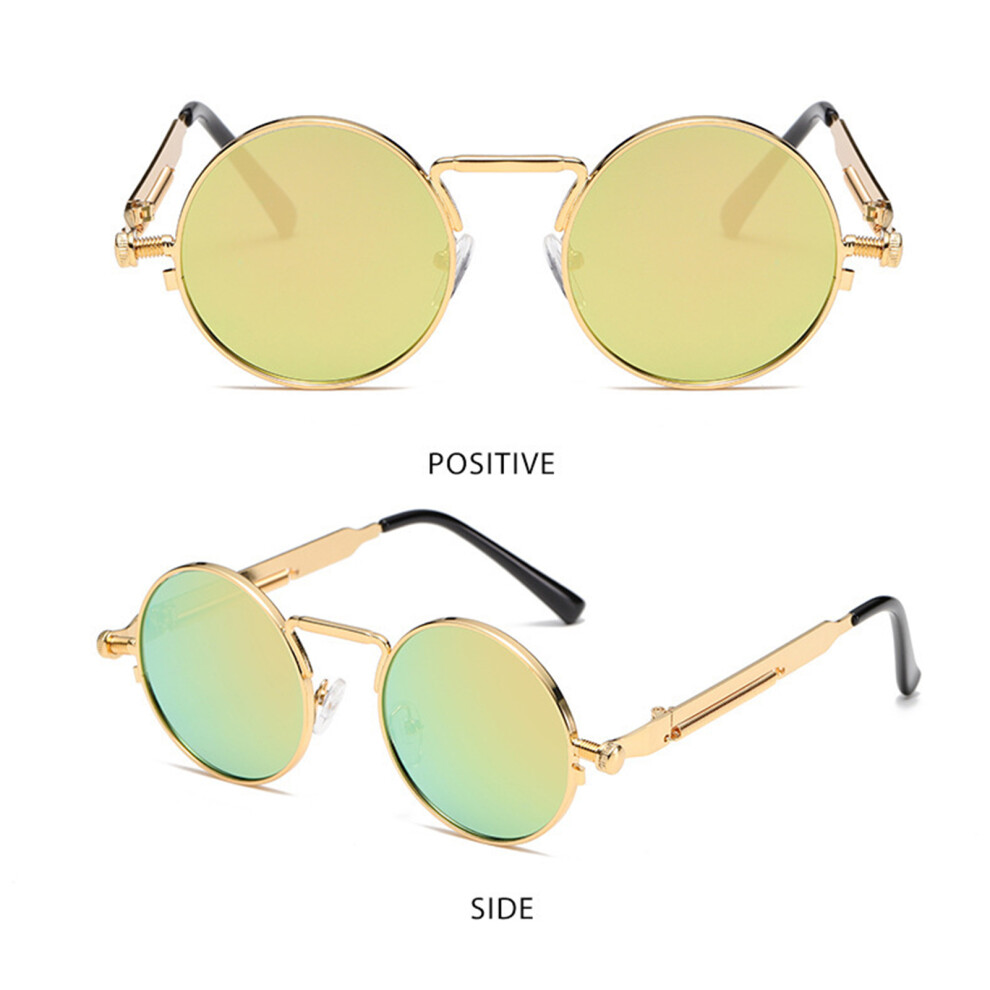 Roc-Electron (Gold Frame Yellow Green Slice) Punk Sunglasses: Round Metal Frame, Colorful Lens