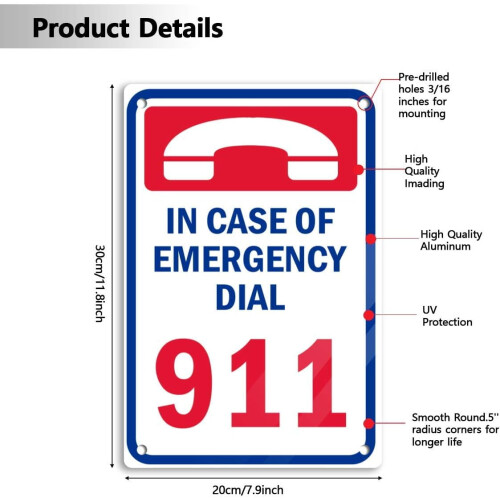Πινακίδα "Dial911in Emergency" αλουμινίου 8x12" – Προστασία από υπεριώδεις ακτίνες, 1