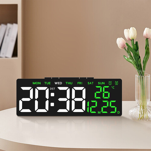 Digital Alarm Clock, LED Display with Date and Temperature, Multi-Functional Electronic Clock, Green LED Light, Black 1