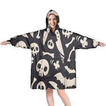 Wearable Oversized Blanket Hoodie with Spooky Halloween Icons Pattern, Cozy Fuzzy Pullover with Super Pockets – Compatible with Adults