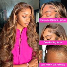 Perruque Lace Front Ombre Miel, cheveux humains, pré-épilée, 13x4, dentelle HD, blond miel ombré, ondulée, 66 cm (26 pouces)