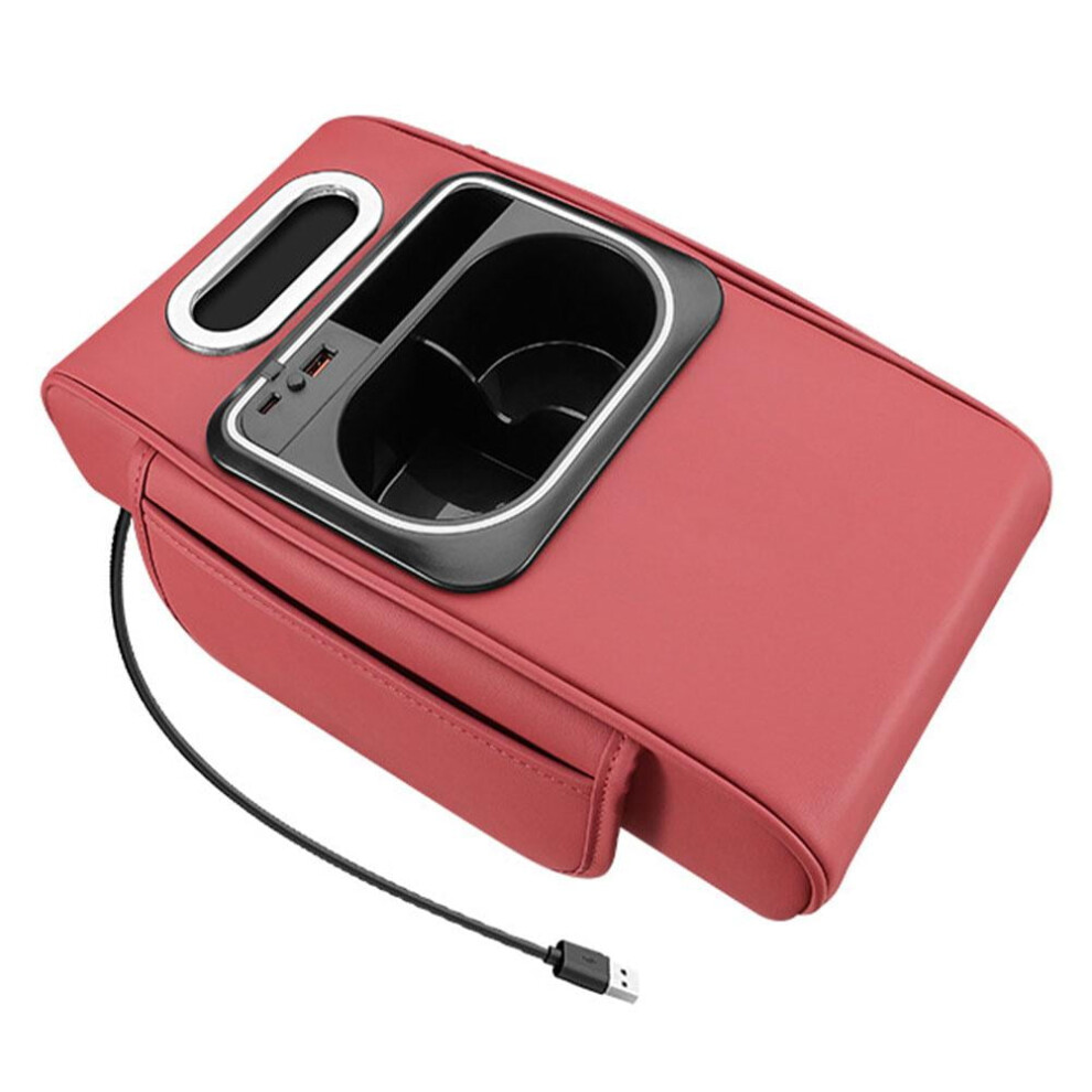 Universal Car Center Console Cover Â Pu Leather Armrest Box With Tissue Holder, Cup Holder, Ambient & Usb Port Light 9402001184566