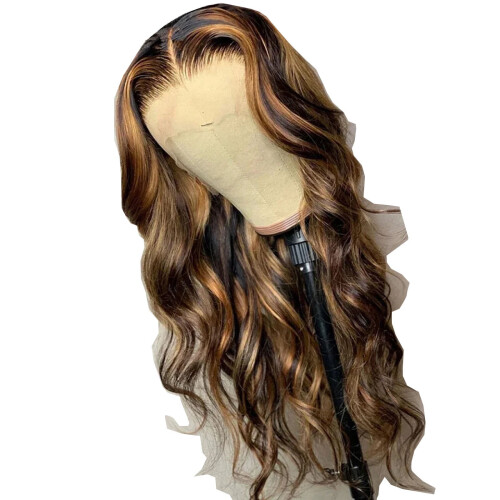 Peruca Lace Front Ombré com Mechas em Cabelo Humano, 13x4, Pré-Desfiada, HD, Loiro Mel Ombré com Ondas Suaves, 66 cm (26 polegadas) 1