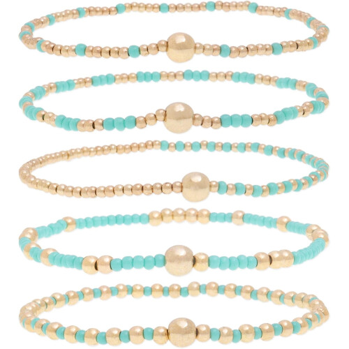 Gold Beaded Stack Bracelets for Women 5-Piece Set