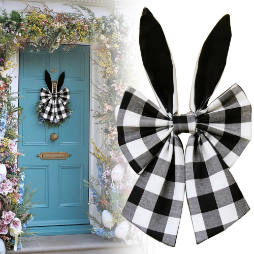 Easter Bunny Ears Wreath 16 inch black rustic buffalo plaid