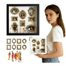 Mini Museum Silhouette Box with Gold Frames, Personalized Photo Display Case for Anniversary, Birthday & Home Decor (Black)