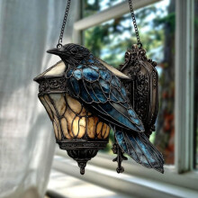 Gothic Black Raven Ornament – Faux Stained Glass Halloween Crow Decor, 6" for Dark Academia Home, compatible with lamps