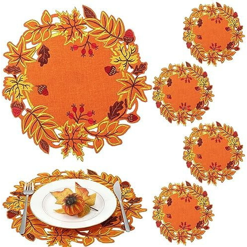 Sets de table d'automne, motif feuilles d'érable brodées (6 pièces)