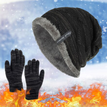 Men's & Women's Winter Knit Hat and Gloves Set, Fleece Lined Slouchy Beanie, Warm Knit Gloves, Cold Weather Accessories Set Black