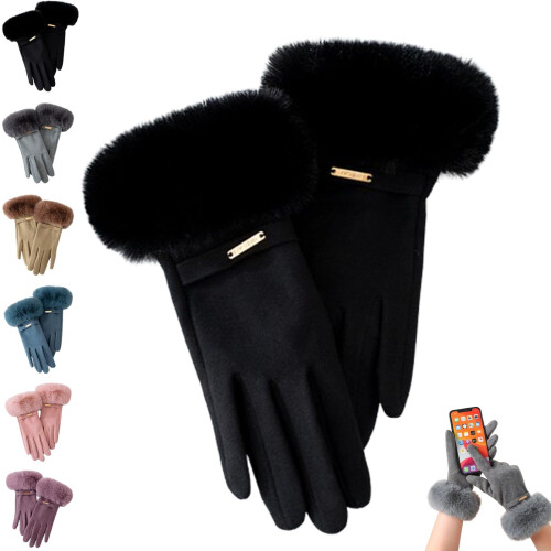 Damen-Winterhandschuhe mit Bündchen aus Plüsch-Kunstpelz, schwarz