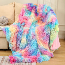 Chic Shaggy Throw Blanket – Soft Plush, Fluffy Faux Fur, Grey/Rainbow Tie-Dye, for Bed or Sofa (Compatible with All Beds)