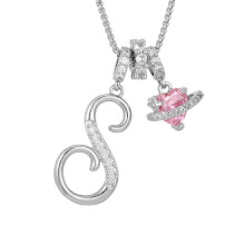 Pink Heart Diamond Crystal Initial Pendant Necklace A-Z