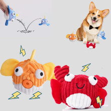 Knirkende hundeleker for aggressive tyggere, uten fyll, krøllekeball for mellomstore/store/små hunder (E-krabbe+fisk), kompatibel med alle raser
