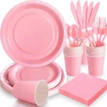 Ensemble de 168 pièces d'assiettes, serviettes et couverts en papier rose clair – Pour 24 personnes, idéal pour un anniversaire, un mariage, une