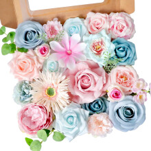 Blue & Pink Artificial Roses with Stems – Pastel Fake Flowers for Wedding Decor, DIY Bouquets, Centerpieces (Compatible with Floral Arrangements)