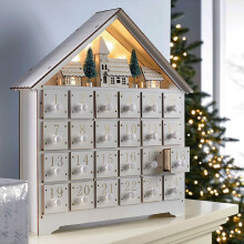 Calendrier de l'Avent en bois avec LED, 24 jours, avec maisonnette blanche lumineuse dans les arbres et 24 tiroirs de rangement, compatible avec les