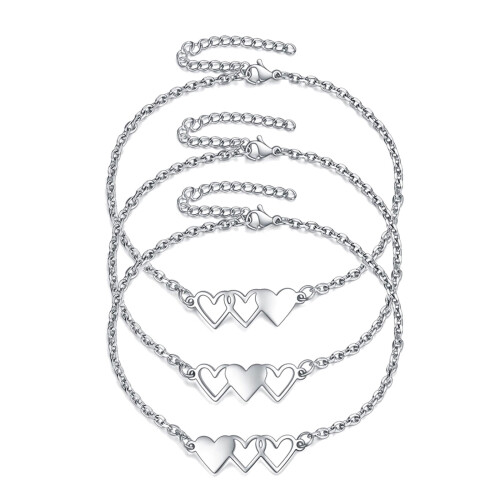 Conjunto de 3 Pulseiras Irmãs com Três Corações - Presente para Amizade