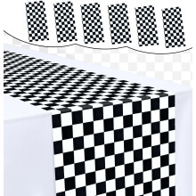 Chemin de table en plastique à carreaux noirs et blancs, 35,5 x 274 cm, lot de 6, jetable – Idéal pour les fêtes sur le thème des voitures de