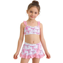 Tweedelige zwemoutfit voor meisjes met tankinitopje met strikjesprint en shortje/rokje met ruches, meerkleurig, geschikt voor kinderen van 4-5 jaar.