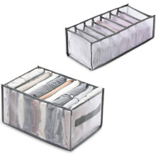 Casewin 2-Pack Wardrobe Organizer, 7-Grid Jeans Storage Box, Washable & Foldable Drawer for Baby Clothes, Underwear, T-Shirts, Leggings (Grey)