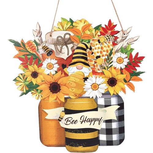 Ξύλινη πινακίδα Bee Happy Sunflower, 11,81x11,57", Κίτρινη διακόσμηση τοίχου για πόρτα και