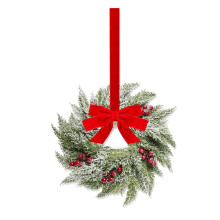 Couronne de Noël miniature de 38 cm avec nœud, cèdre et baies rouges – pour porte, fenêtre, armoire, cheminée, table – Décoration de Noël