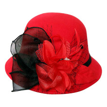 Nieuwe dames vissershoed, elegante ronde cloche met mesh en bloem, retro vintage hoed voor lente/herfst, rood, one size
