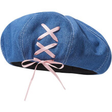Dames Sweet Lolita denim baret met schattige strik, kunstenaarshoed, effen Franse baret, casual beanie.