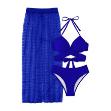 Bikinisets voor dames, effen badpakset met lange rok en mesh zonbescherming, driedelig voor strand- en zwembaduitjes, damesbikini, blauw, S
