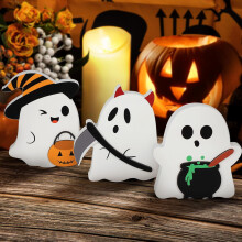 Décoration d'Halloween Fantômes Mignons - Ensemble de 3 : Plateaux à étages en bois (Chat noir, Chauve-souris, Balai de sorcière) + Blocs