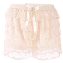 Calcinhas de renda com babados em camadas, estilo vitoriano, com laços e pernas largas.