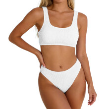 Bikinisets voor dames, geribbelde tweedelige bikini met top met brede schouderbanden en badpak met middelhoge taille voor op het strand, damesbikini,