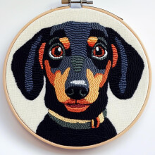 Cute Black Dachshund Punch Needle Kit for Beginners – DIY Yarn Embroidery Set with Printed Pattern & Hoop (20x20cm), Compatible with Standard Punch