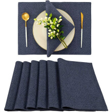 Ensemble de 6 sets de table tissés en lin lavables, style bohème, pour table de cuisine (13 x 19 pouces, bleu marine)