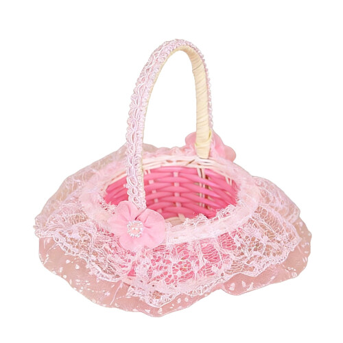 Pink Lace Trim Wicker Flower Basket Decorative Handheld 1 1