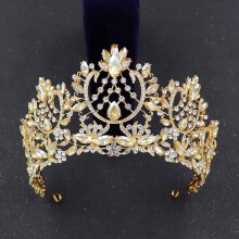 (Gold Champagne) Crystal Crown Tiara for Wedding & Party