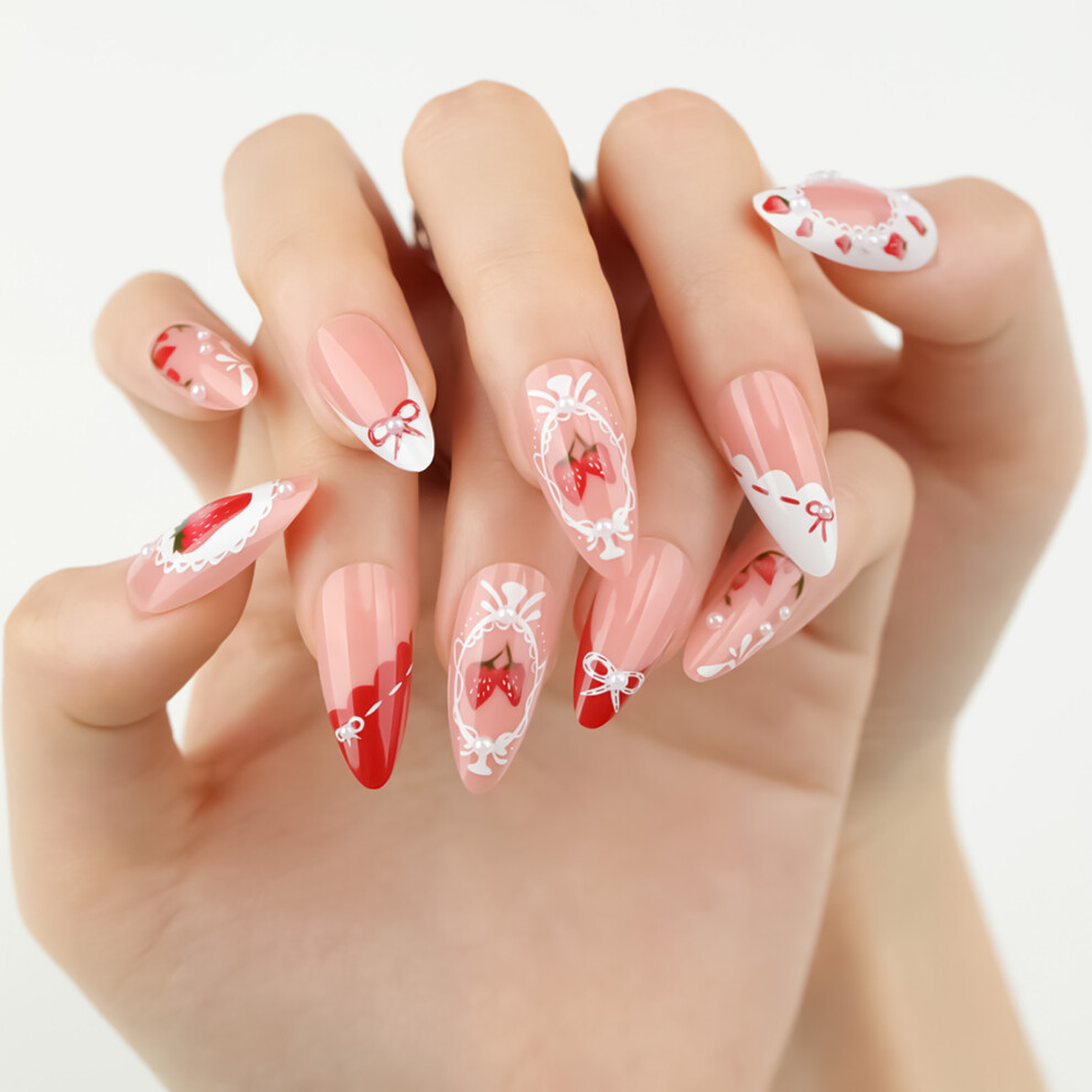 Penghui-Toys Strawberry Print Fake Nails - Sweet Pink & Comfy