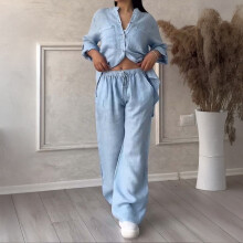 (Sky Blue, L) Comfy Cotton Linen Lounge Set - Women\'s Oversized Streetwear