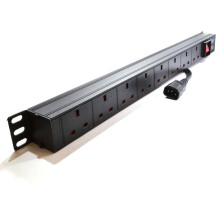 Power Distribution C14 Plug to UK 8 Way 19 inch Vertical Rack PDU 1.8m