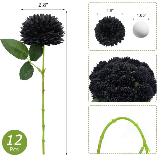 12 τεμάχια μαύρα τεχνητά χρυσάνθεμα – Silk Mums για Halloween, Ημέρα των Ευχαριστιών, 2