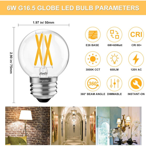 Ampoules G16.5E26 à intensité variable, blanc chaud 3000K, lot de 6 1