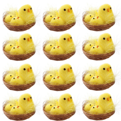 12Pcs Easter Chicks Polyester Cake Topper, Yellow Mini Chicks Easter Decorations for Party Decor, Basket Fillers 2