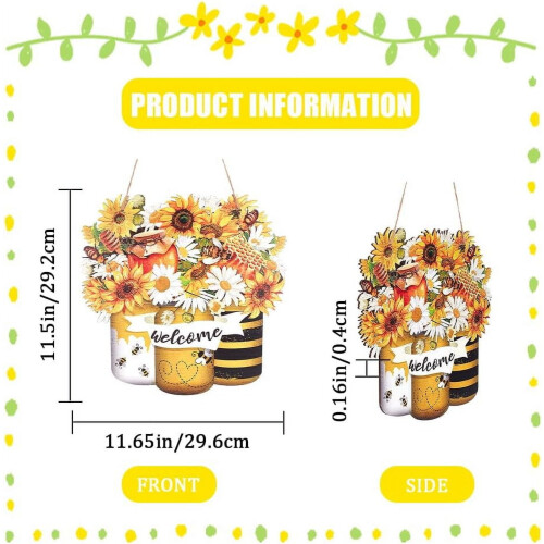 Ξύλινη πινακίδα Bee Happy Sunflower, 11,81x11,57", Κίτρινη διακόσμηση τοίχου για πόρτα και 1