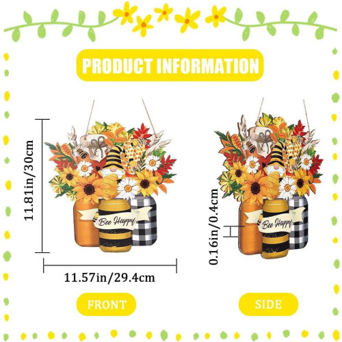 Ξύλινη πινακίδα Bee Happy Sunflower, 11,81x11,57", Κίτρινη διακόσμηση τοίχου για πόρτα και 2
