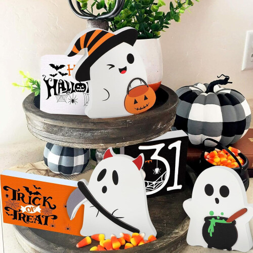 Χαριτωμένο σετ διακόσμησης για το Halloween με φαντάσματα: Ξύλινες πινακίδες δίσκου 2
