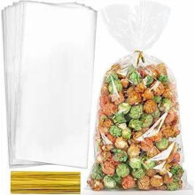 Klare cellofanposer 18,5 cm x 33,5 cm med guldfarvede snore (100 stk.)