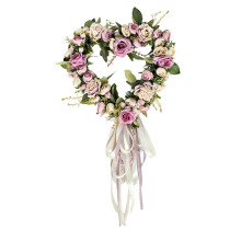 Guirlanda de rosas em formato de coração rosa com fitas, 33 cm (13 polegadas)