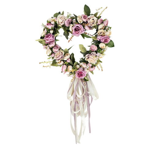 Guirlanda de rosas em formato de coração rosa com fitas, 33 cm (13 polegadas)