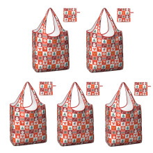 5-Pack Foldable Shopping Bags – Red Christmas Santa/Tree/Snowflake, Reusable Grocery Totes with Pockets, Waterproof & Lightweight