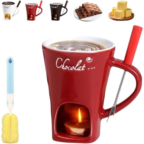 Caneca de fondue de chocolate em cerâmica com garfos e vela (1 conjunto)